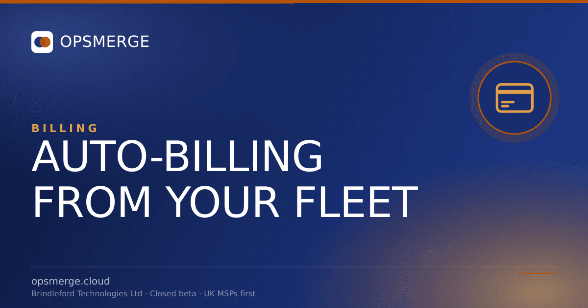 OpsMerge invoice editor showing auto-counted assets, recurring contract lines and a Push to QuickBooks button for MSP billing