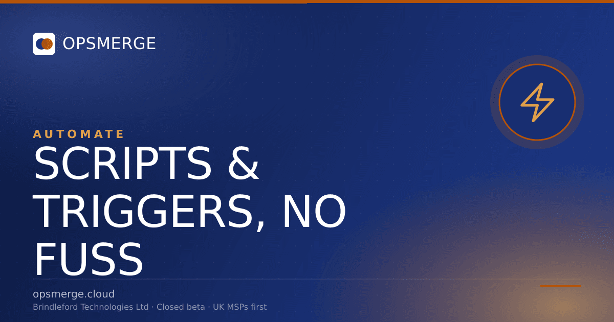 OpsMerge script editor showing PowerShell, Bash and Python automation runs across an MSP fleet